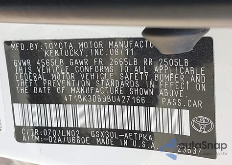 2011 Toyota Avalon Limited z USA, uszkodzony, nr VIN 4T1BK3DB9BU427166